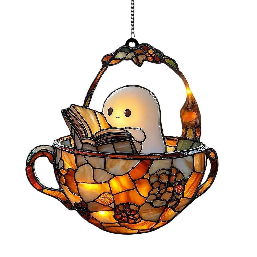Halloween Ghost Reading Book Acrylic Suncatcher Window Hanging