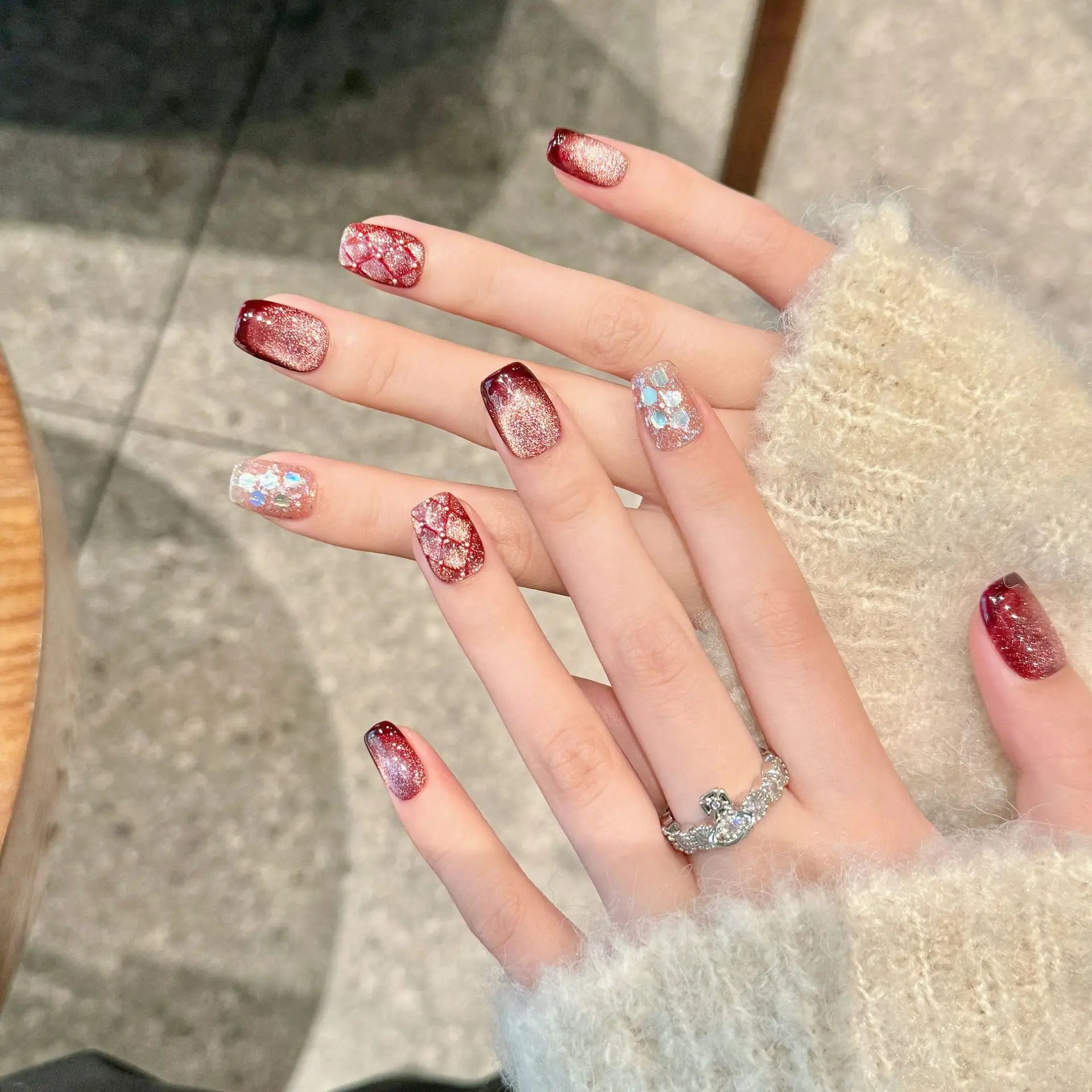 Handmade Press on Nails Glitter Raspberry Wine Red French Cat Eye Fake Nails Wearable Full Cover Sweet Korean Short False Nails Peaceful Pleasures Health and Wellness