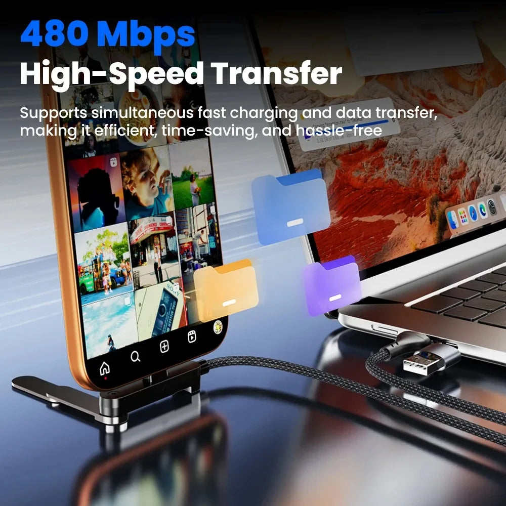 65W 3-in-1 USB-C Fast Charging Cable with Phone Stand Holder