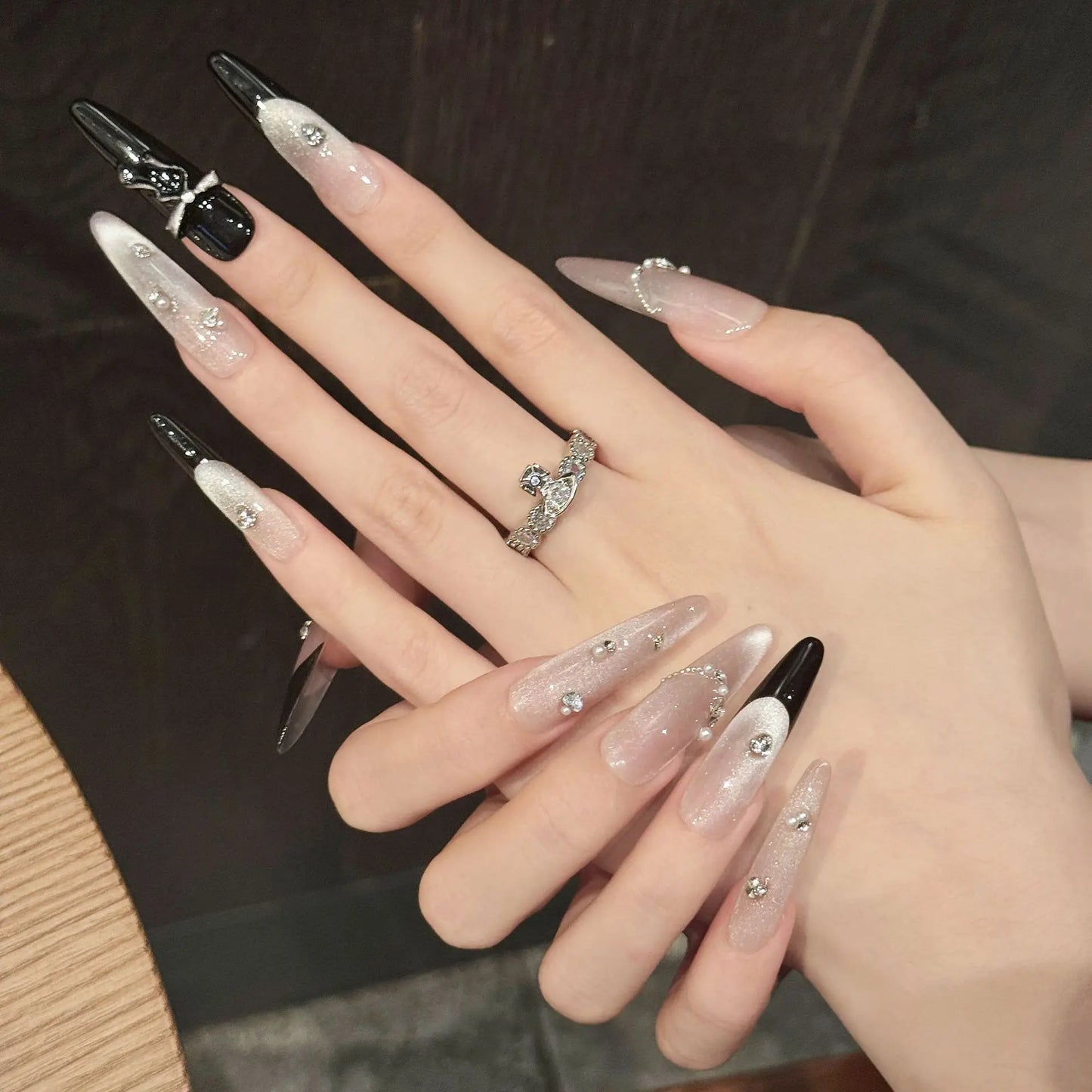 10pcs Handmade Press on Nails Sweet Pink Cat Eye False Nails Wearable Full Cover Black French Bow Design Almond False Nail Tips Peaceful Pleasures Health and Wellness