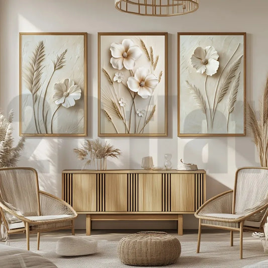 3-Panel White Flower Triptych Canvas Wall Art | Unframed Set Triptych Canvas Print Peaceful Pleasures Health and Wellness