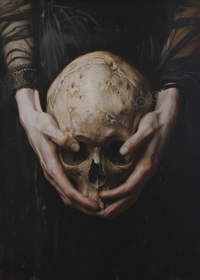Dark Moody Victorian Witch Canvas Wall Art | Raven Skull Print