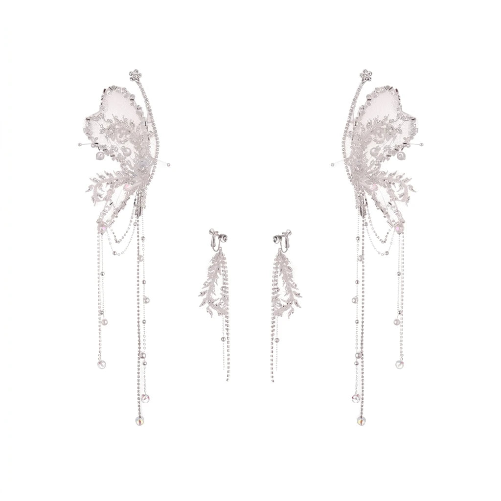 Korean Bridal Crystal Veil Bows Hair Clip With Tassels For Wedding Ceremony Peaceful Pleasures Health and Wellness Silver