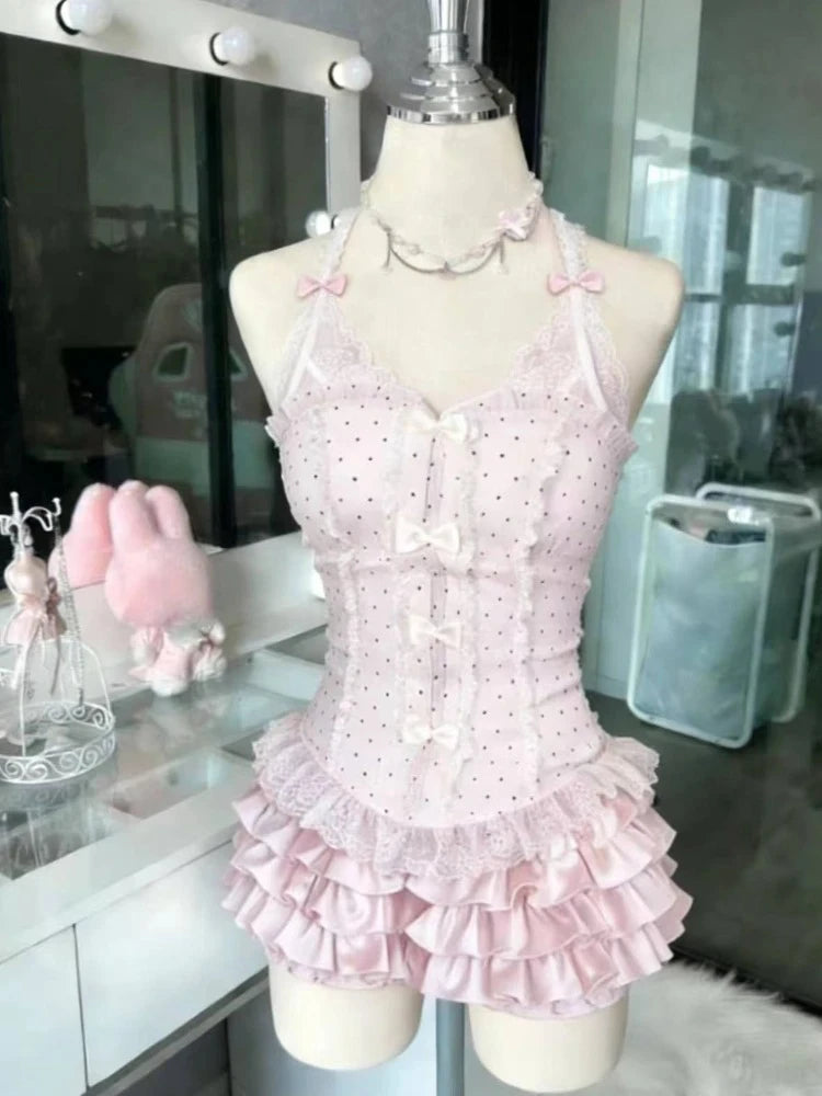 French Style Sweet Cute Polka Dot Splicing Dress Lace Bow Korean Fashion Dresses New Design Slim Waist Lady Y2k Mini Dress Peaceful Pleasures Health and Wellness 12229 Pink Set M