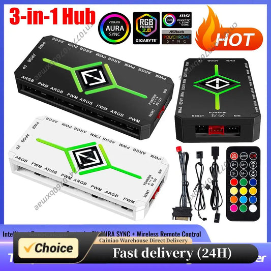 1 To 9 3 in 1 4 Pin PWM Magnetic Suction Hub with Remote PWM Fan Hub SATA Power Supply PWM Magnetic Fan Hub Splitter for PC Case Peaceful Pleasures Health and Wellness