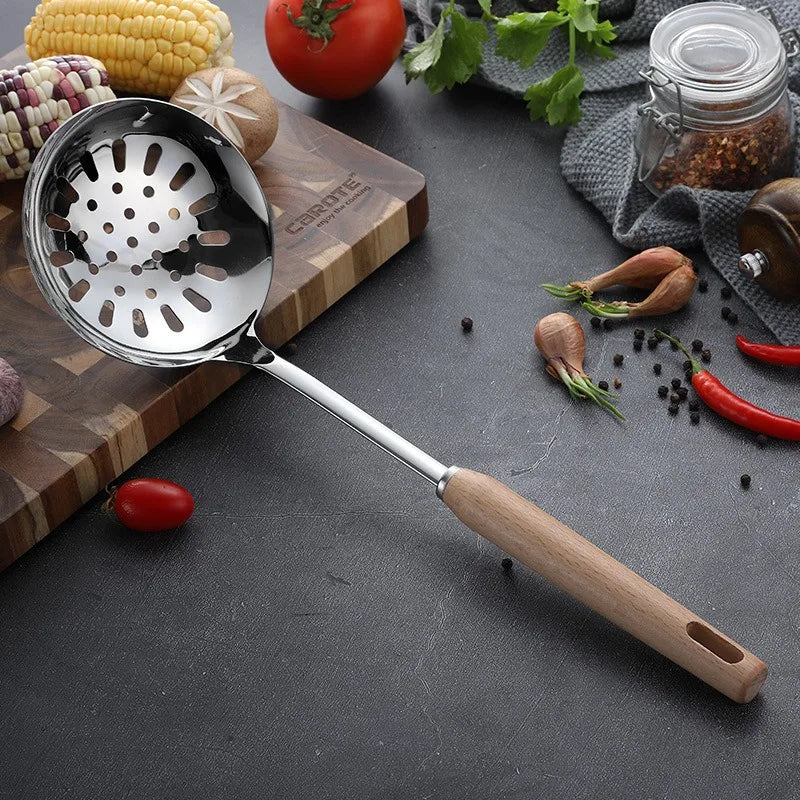 6-Piece Wooden Handle Stainless Steel Kitchen Utensil Set – Beech Wood Cooking Spoons & Spatulas
