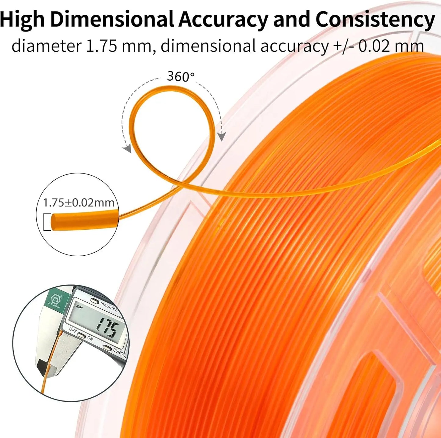 DINGSUN 3D Transparent PETG Filament 1.75mm ±0.02mm Accuracy