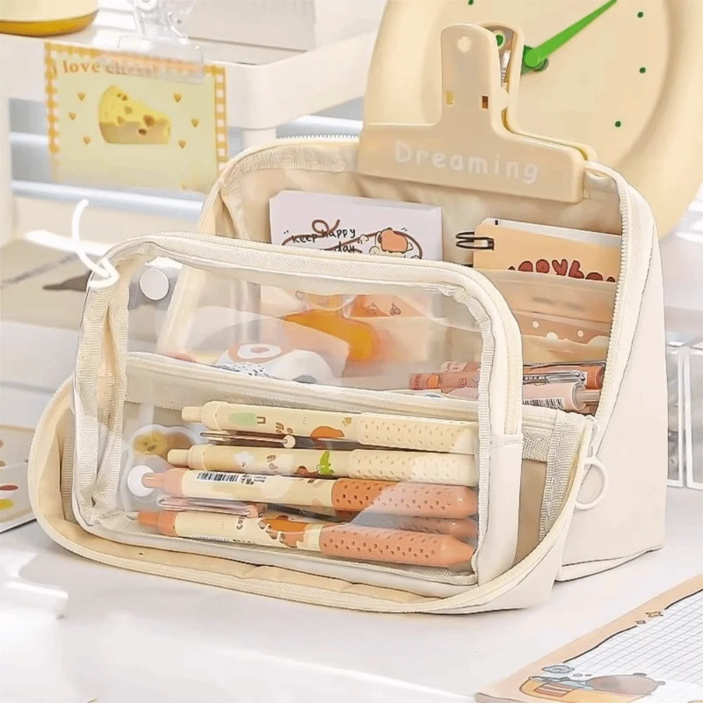 Kawaii Large Capacity Transparent Pencil Case DIY Zipper Transparent Pen Bag Multifunctional Solid Color Stationery Box Friend Peaceful Pleasures Health and Wellness