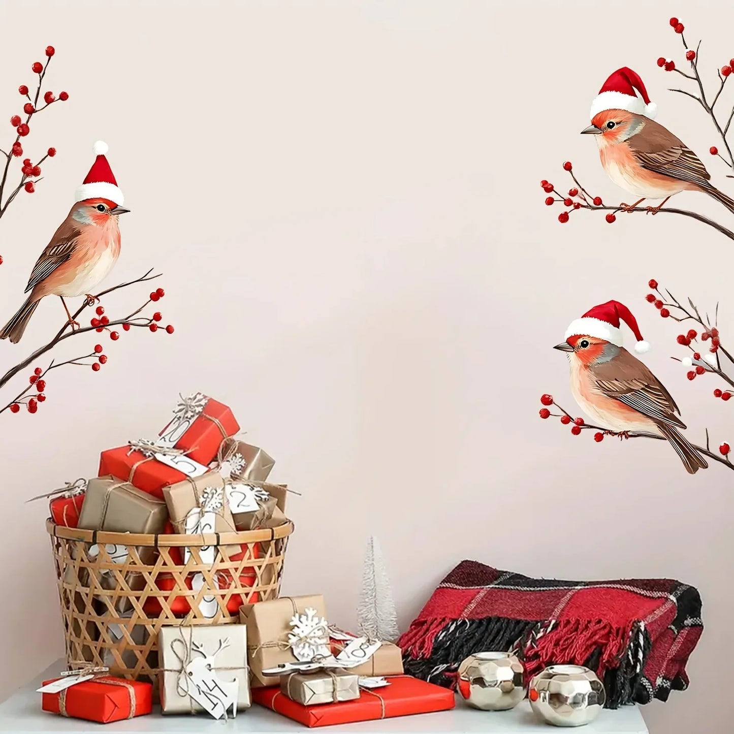 Christmas Birds Santa Hat Window Stickers | Holiday Decals