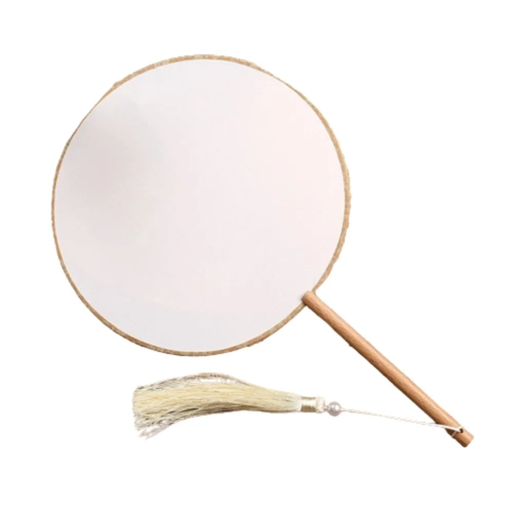 Blank Round Hand Fan – Vintage Wooden Silk DIY Art Fan with Tassel