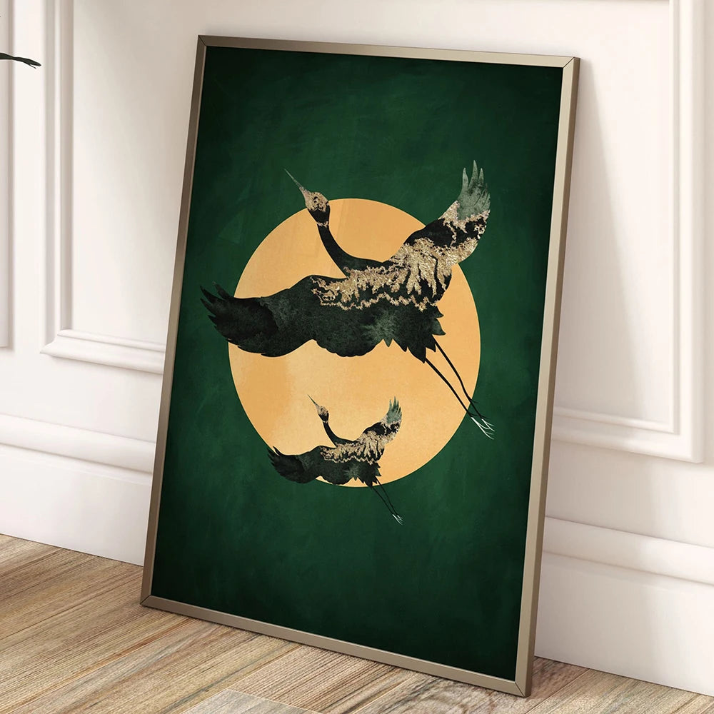 Sage Green Gold Japandi Art Print Flying Birds Wall Art Abstract Sun Art Living Room Decor Japanese Wall Art Bedroom Decor Gift Peaceful Pleasures Health and Wellness
