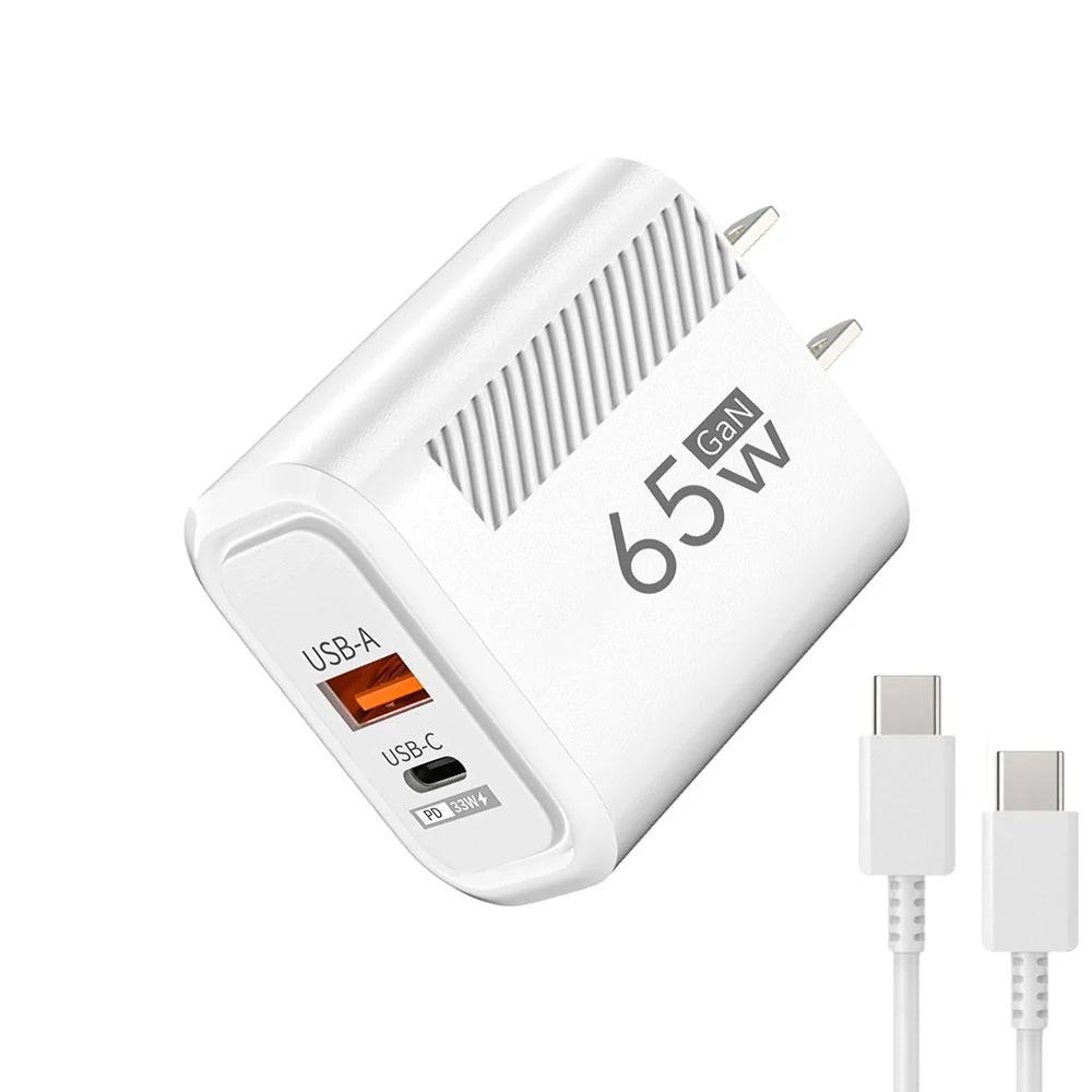 65W GaN Fast Charger PD QC3.0 Dual Port USB Wall Adapter EU US Plug Compatible with iPhone Samsung Xiaomi Tablets Travel Charger Peaceful Pleasures Health and Wellness US White 1M Cable