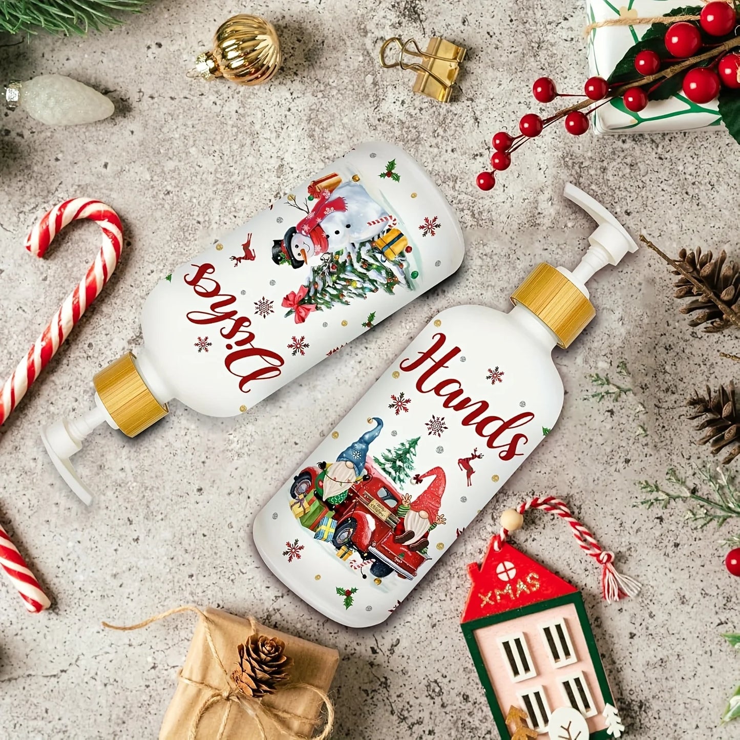 Christmas Gnome Soap Dispenser Set of 2 with Tray – Festive Xmas Kitchen & Bathroom Holiday Decor