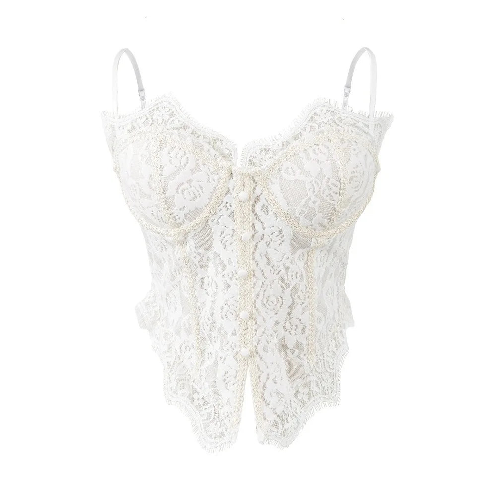 Lace Camisole Crop Top – Sheer Fishbone Suspender Vest Women