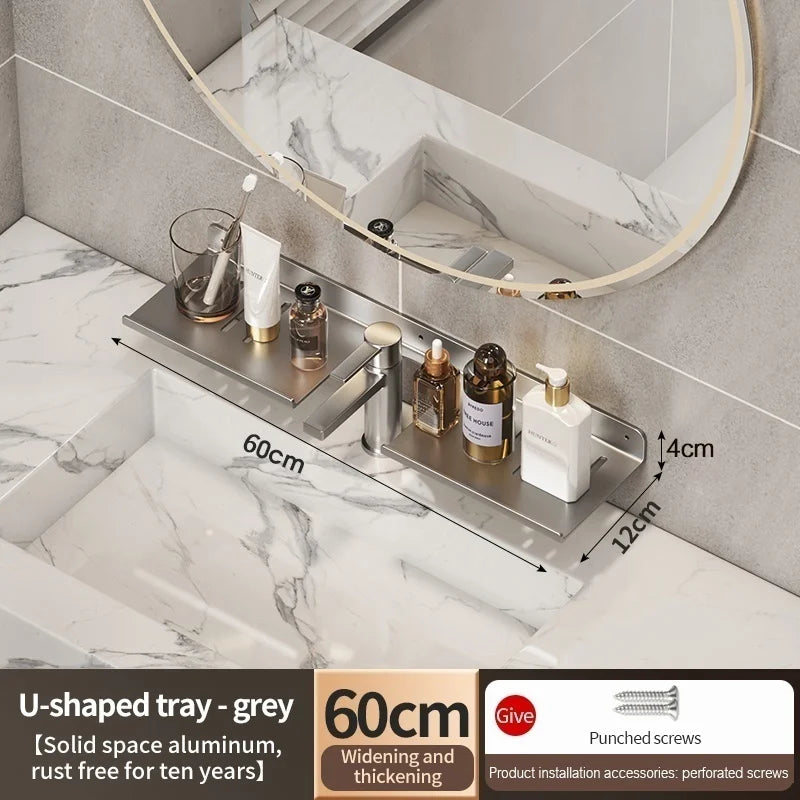 Wall-Mount Aluminum Bathroom Storage Rack & Faucet Tray
