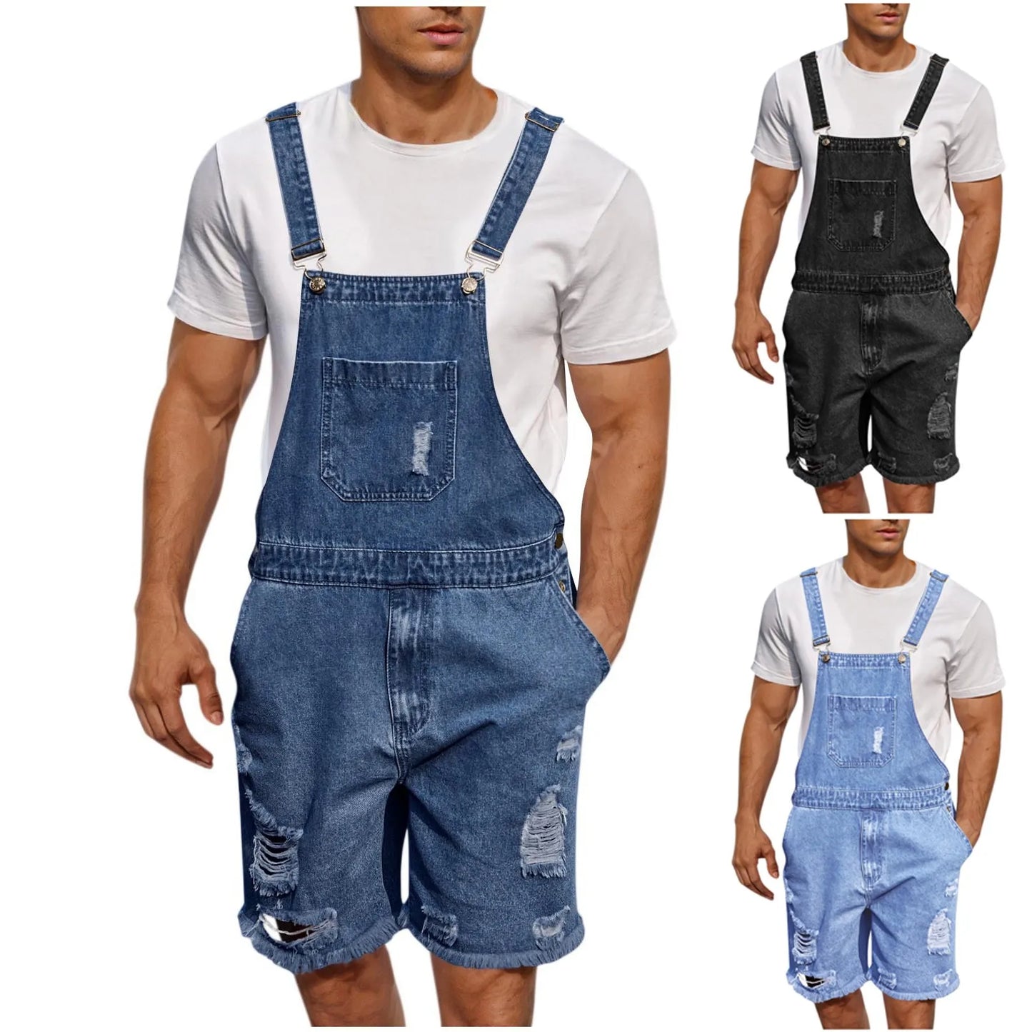 Men's Vintage Denim Bib Overalls – Elastic Suspender Short Jumpsuit
