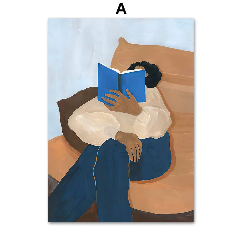 Blue Striped Girl Book Vase Abstract Canvas Wall Art Print