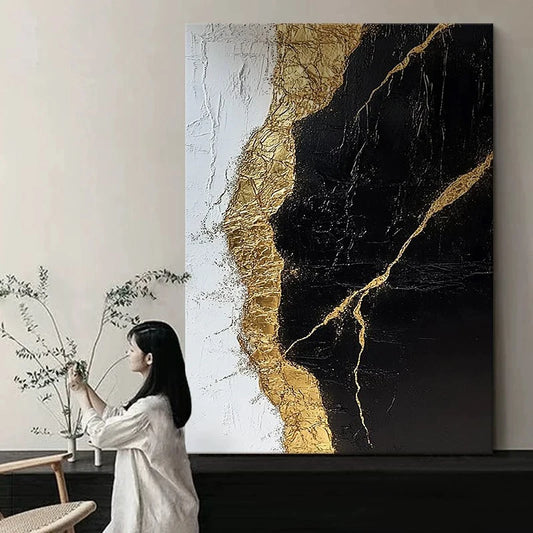 Handmade Canvas Oil Painting Abstract Gold And Black Hanging Picture Wall Art Texture Poster Living Room Porch Hotel Decor Mural Peaceful Pleasures Health and Wellness No frame 100cmx150cm