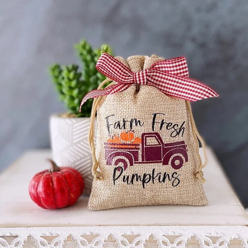 5-Pack Mini Pumpkin Burlap Drawstring Bags | Halloween Decor