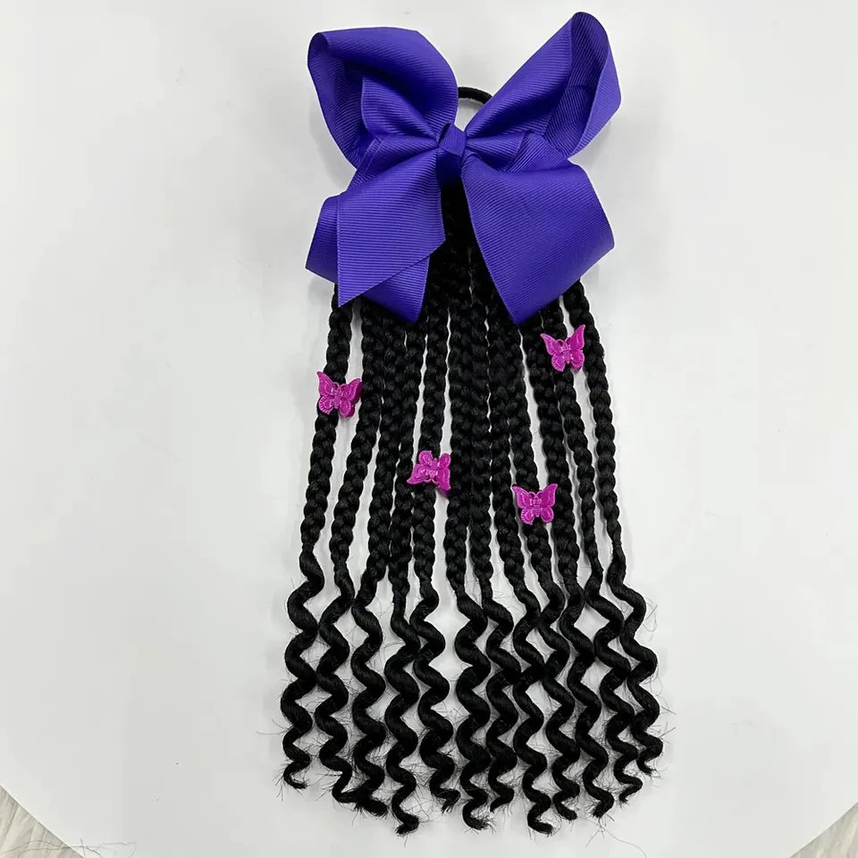 Kids Braided Ponytail with Beads and Bow Kids Hair Extension Ponytail with Curly End for Girls Black Girl Hair Accessories Peaceful Pleasures Health and Wellness Purple