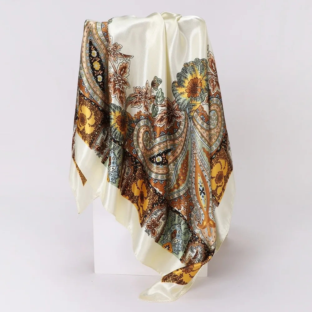 90x90cm Satin Square Scarf – Bohemian Floral Hair Wrap & Shawl