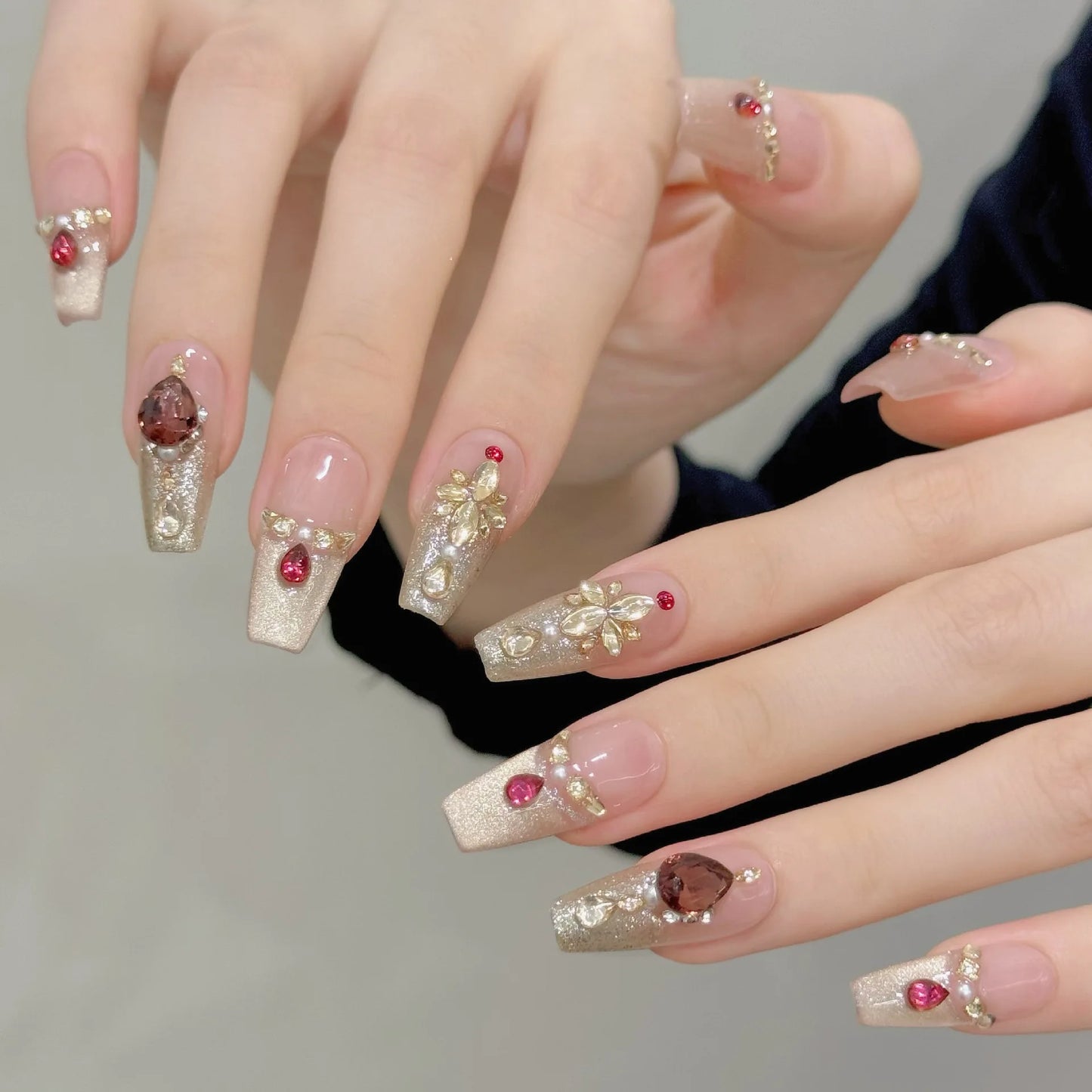 Press On Nails K9 Cat's Eye Glitter Red Velvet Rhinestone 10pc
