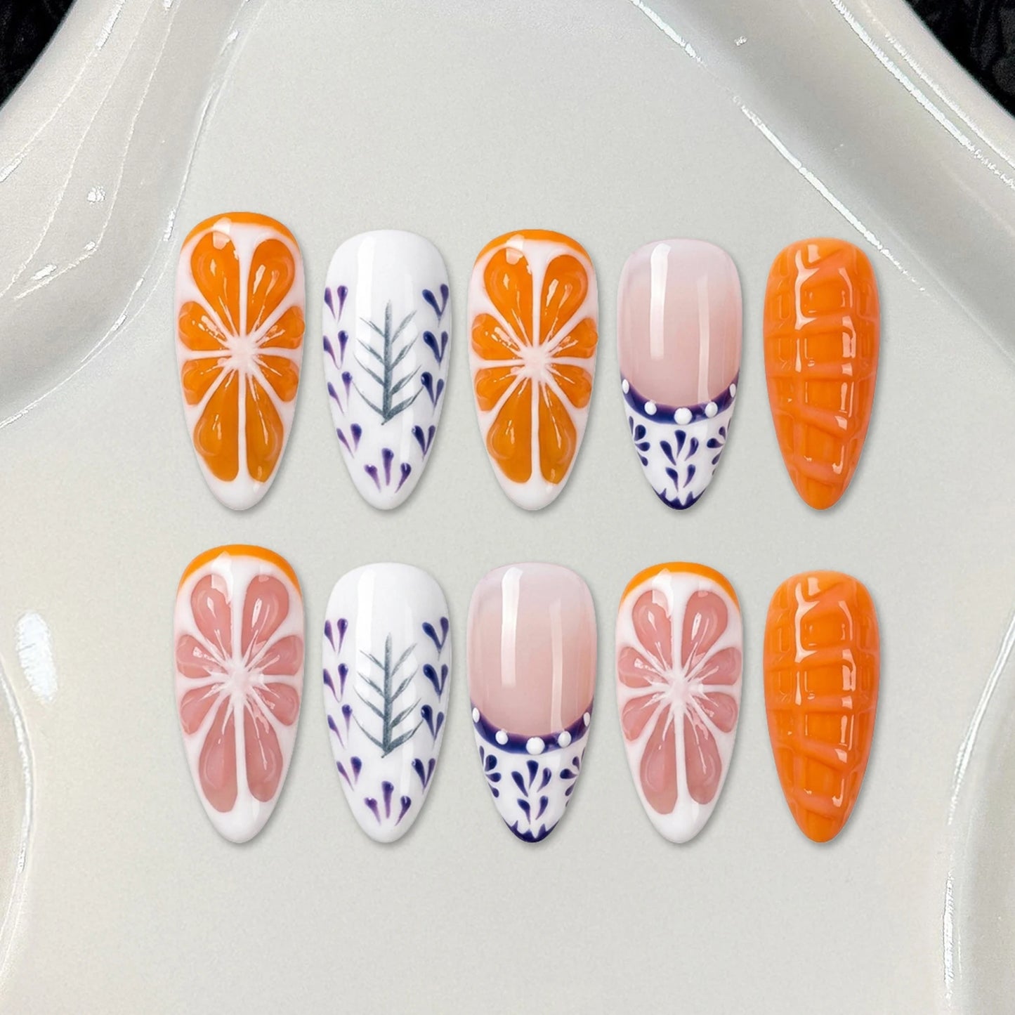 10pcs Handmade Press On Nails 3D Grapefruit And Orange Decor Wearable Almond Artificial Nails Self Adhesive Reusable For Women Peaceful Pleasures Health and Wellness