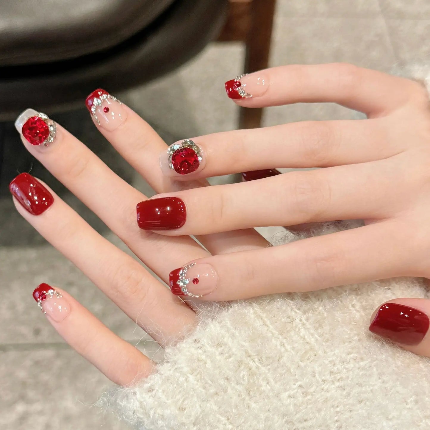Red Crystal French Press-On Nails | Short Korean Style 10pcs