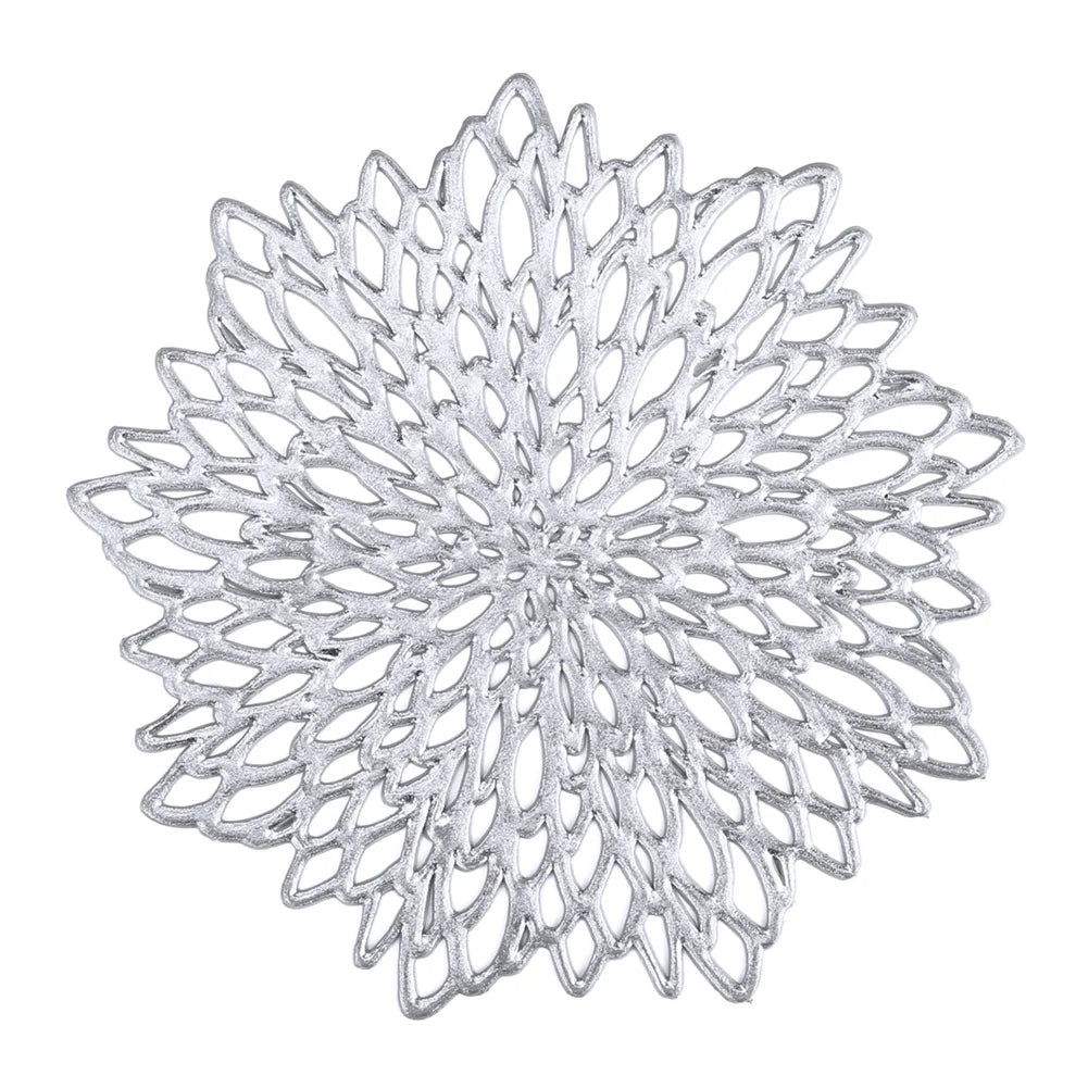 10CM/38CM Vinyl Hollow Out Cup Coaster PVC Flower Round Irregular Placemat Pads for Kitchen Wedding Party Holiday Home Decor Peaceful Pleasures Health and Wellness SLIVER 4Pcs 38CM