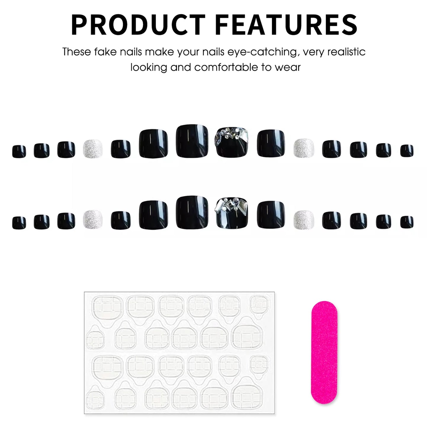 24pcs Black Fake Toenails With Rhinestones Decor Square Press On Nails Tips Long Lasting Glossy False Nails Finished Wearable Peaceful Pleasures Health and Wellness