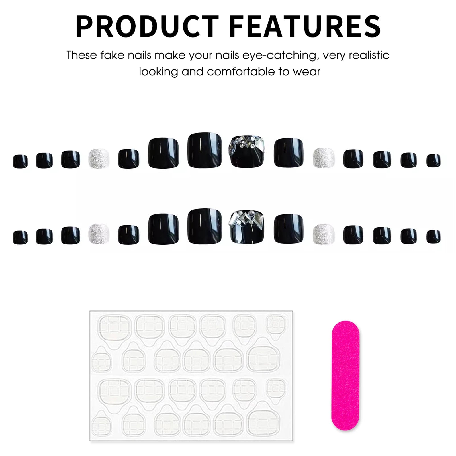 24pcs Black Fake Toenails With Rhinestones Decor Square Press On Nails Tips Long Lasting Glossy False Nails Finished Wearable Peaceful Pleasures Health and Wellness