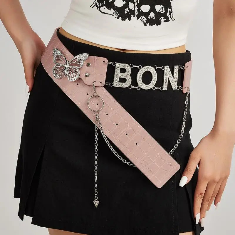 Rhinestone Y2K Letter Belt – PU Butterfly Chain Women's Belt