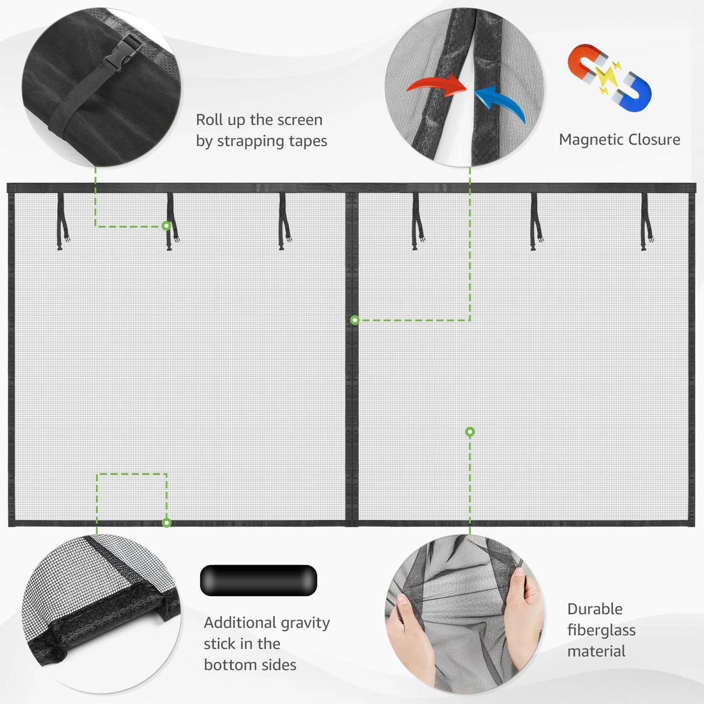Garage Screen Doors for 2-Car Garage Fiberglass Heavy Duty Magnetic Door Screen Hands-Free with 6 Roll Up Straps for Outdoor Peaceful Pleasures Health and Wellness