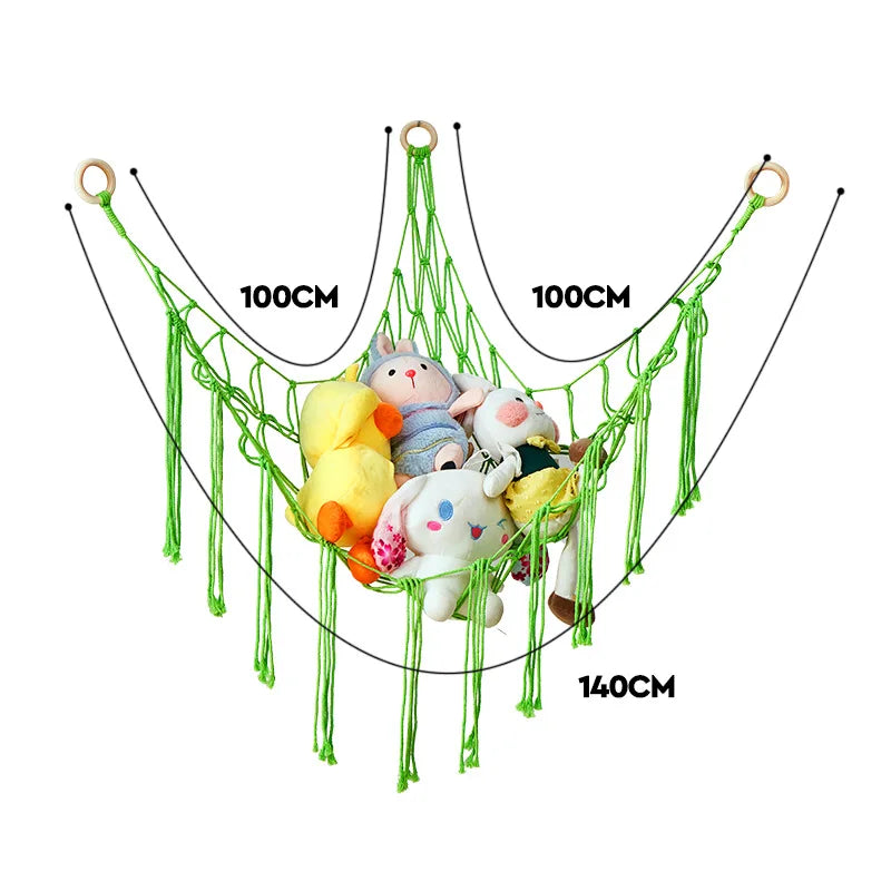 Corner Mounted Toy Storage Net Handwoven Cotton String Triangle Pouch Plush Doll Hammock Kids Room Organizer Peaceful Pleasures Health and Wellness Green 100x100x140