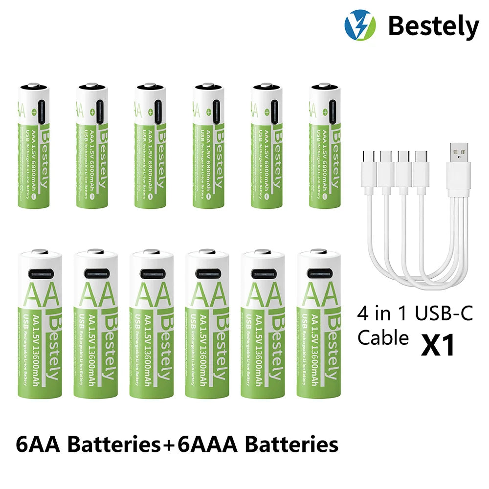 1.5V AA 13600mAh + AAA 6800mAh Rechargeable Lithium Battery Set with USB-C Fast Charging Type C Cable Peaceful Pleasures Health and Wellness 6AA 6AAA