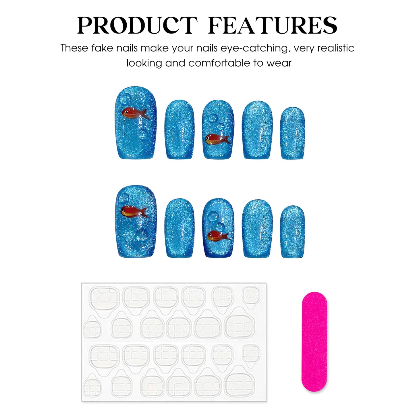 Handmade Press On Nails Goldfish Glitter Blue Cat Eye Ballet 10pc