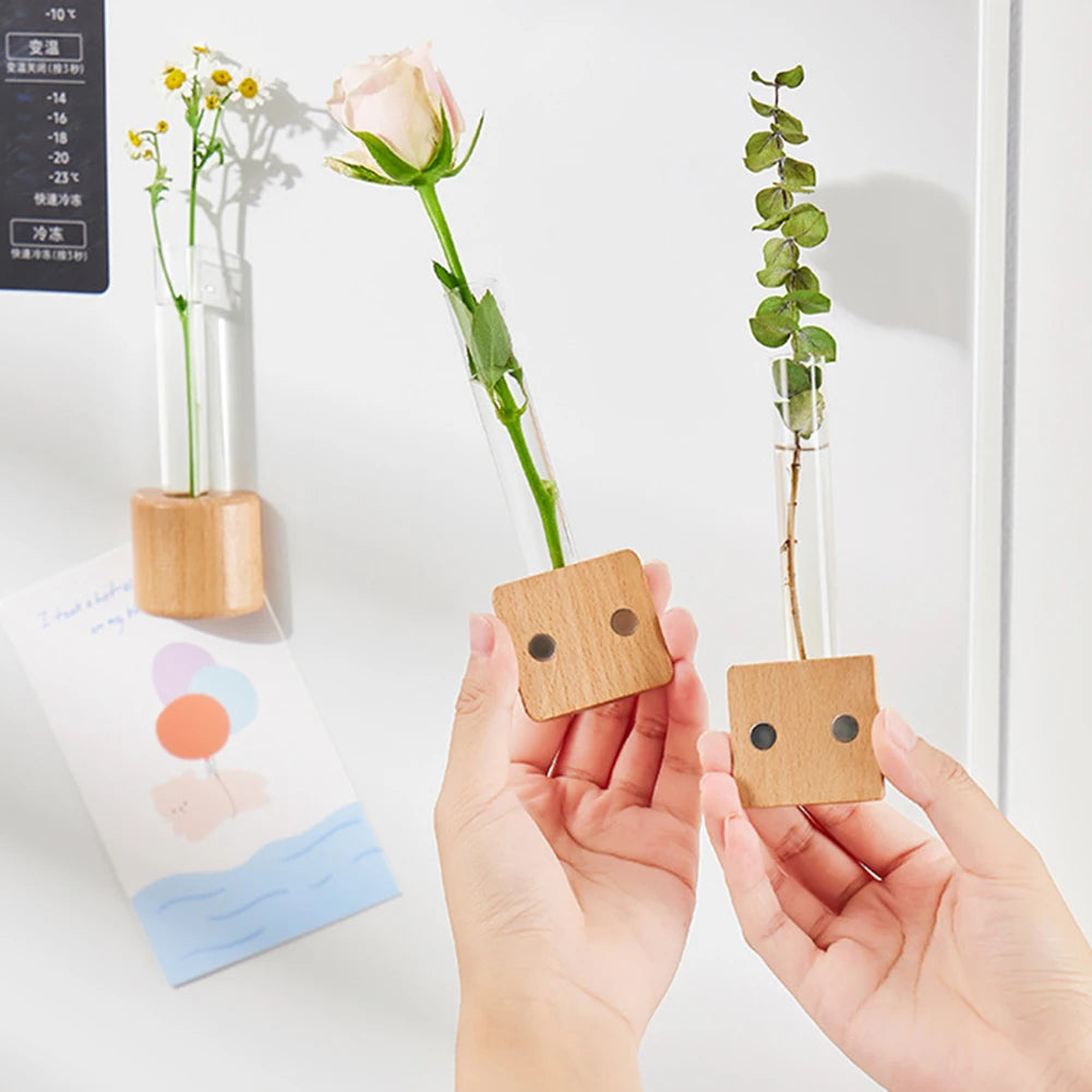 Mini Test Tube Glass Vase Wooden Magnetic DIY Hydroponic Plant Flower Arrangement Ornament Container Hanging Bonsai Decorating Peaceful Pleasures Health and Wellness