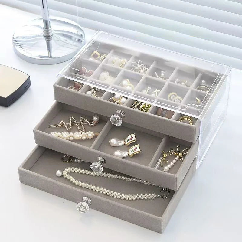 Clear Acrylic Velvet Jewelry Organizer with 3 Drawers, Stackable Display Storage Earrings Necklace Rings Bracelets Box Holder Peaceful Pleasures Health and Wellness Grey