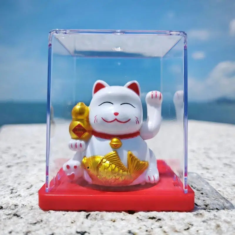 Solar Waving Lucky Cat Ornament | Mini 2" Desk Fortune Décor