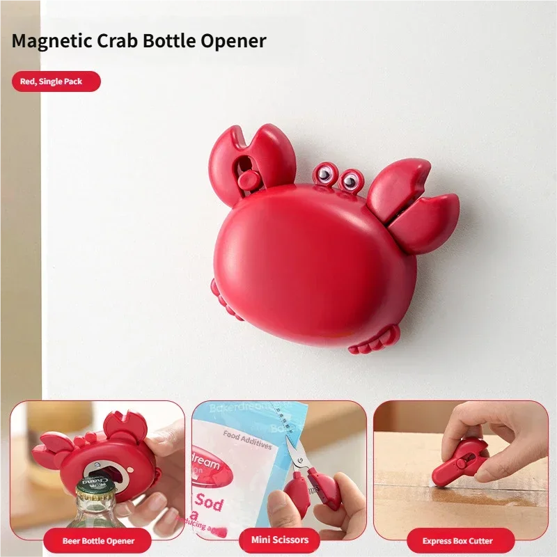 Crab Magnetic Bottle Opener 4-in-1 Kitchen Tool Set Beer Opener, Mini Scissors, Box Cutter, Fridge Magnet, Cute Cartoon Gadget Peaceful Pleasures Health and Wellness Red