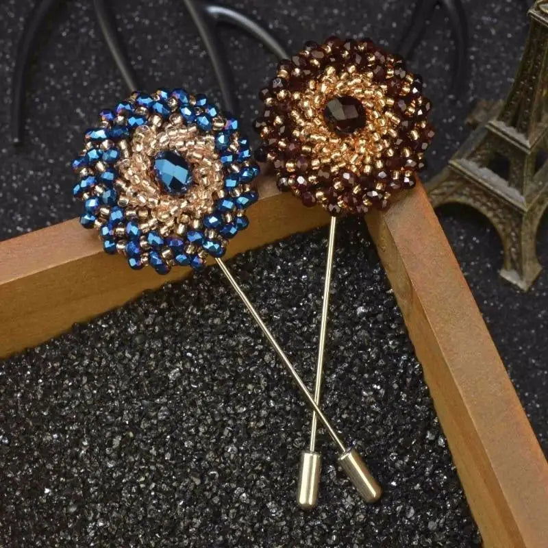 Fashion Crystal Flower Men's Brooches Long Brooch Pins Handmade Lapel