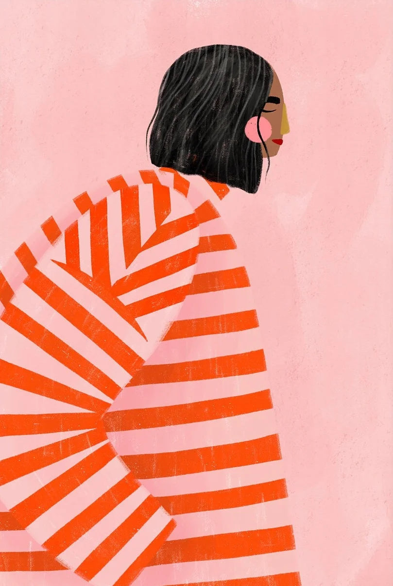 Minimalist Women Portrait Canvas Wall Art | Colorful Striped Girl
