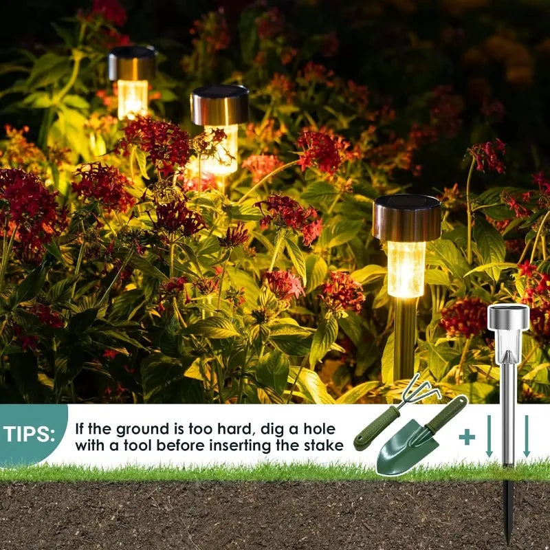 Solar Stainless Steel Pathway Lights | Waterproof Garden Stake Lamps