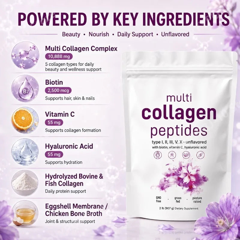 Multi Collagen Peptides Types I II III V X | Biotin, Vitamin C, HA
