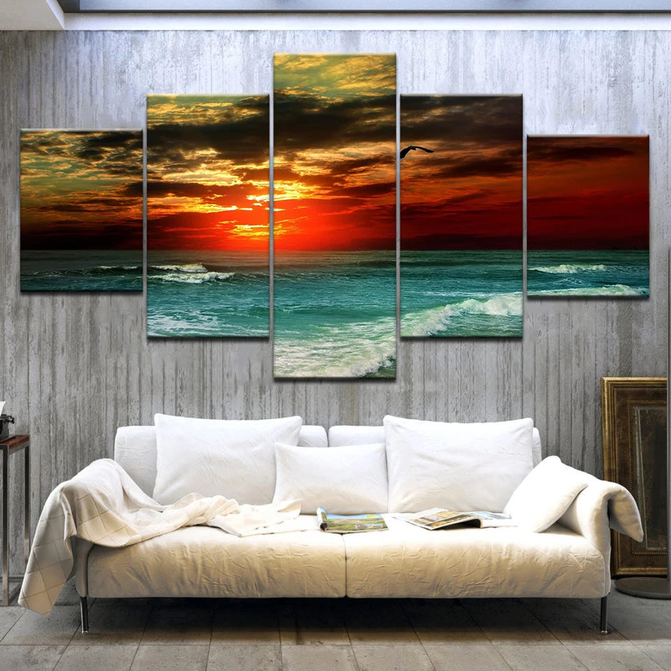5pcs Cleopatra Ocean Canvas Painting Wall Art Orange Sky Ocean Beach Multi Turkey Sand Beach Sunrise Wall Decor No Frame Peaceful Pleasures Health and Wellness 5pcs 40x60-40x80-40x100cm