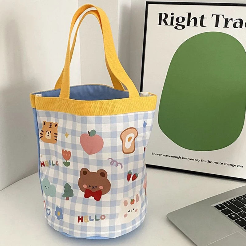 Cute Animal Doodle Canvas Bucket Bag | Cylindrical Lunch Tote