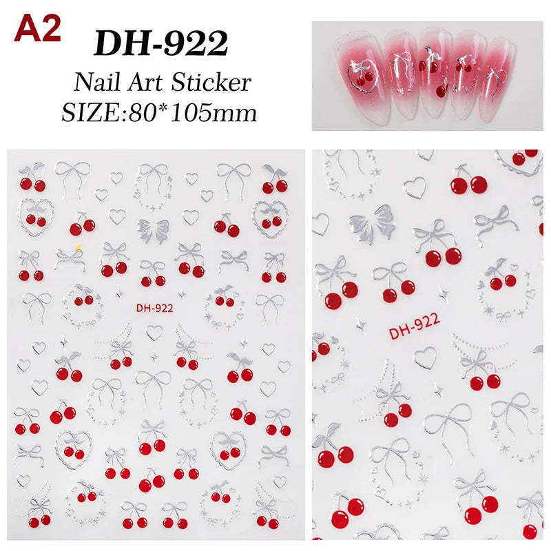 Fresh Sweet Fruits Strawberry Cherry Bowknot Love Heart Bow 5D Nail Art Stickers Self Adhesive Decorations Nail Manicure Decal Peaceful Pleasures Health and Wellness A2