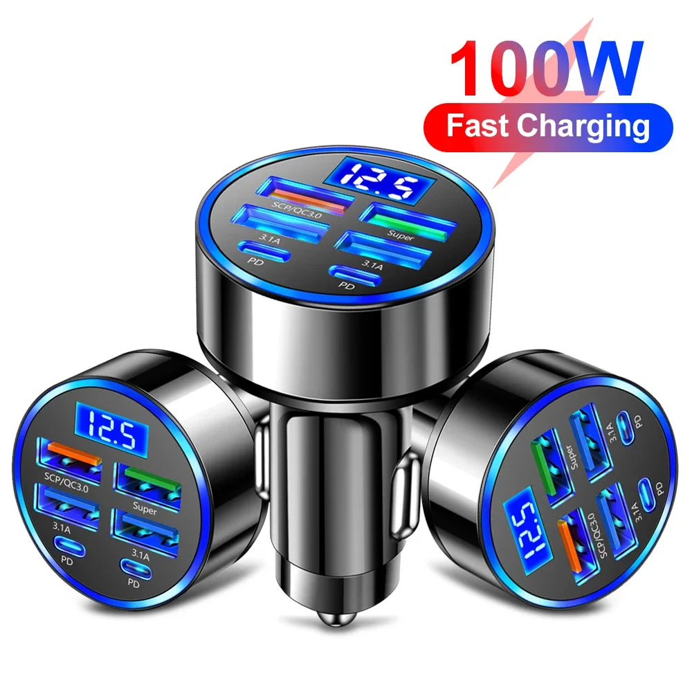 6-Port USB-C PD & QC 3.0 Car Charger – Fast Charging Adapter