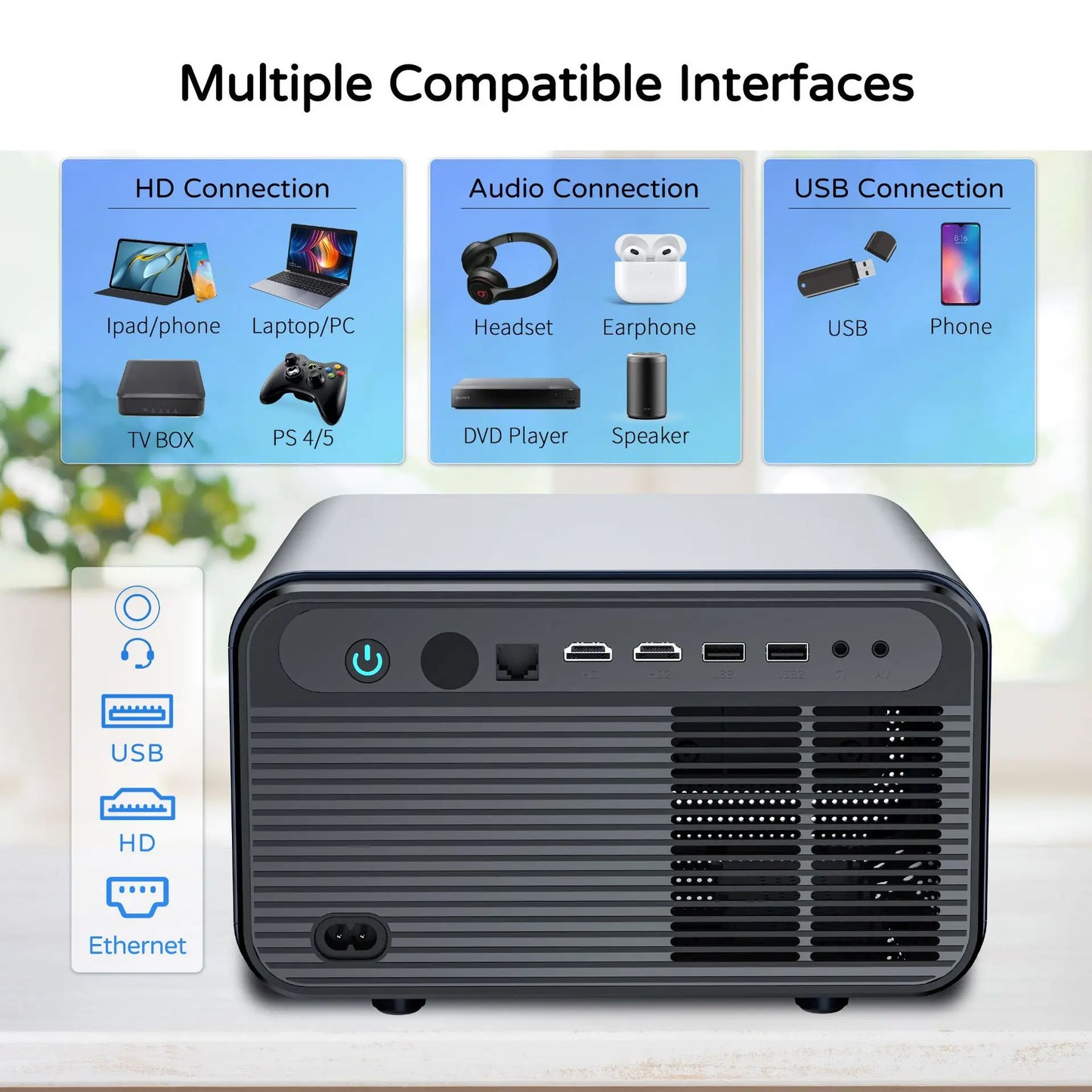 HS110 Native 1080P Smart Projector | 4K, WiFi6, Android 12 Peaceful Pleasures Health and Wellness