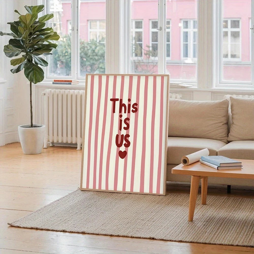 "This Is Us" Quote Pink Stripes Retro Canvas Wall Art Print